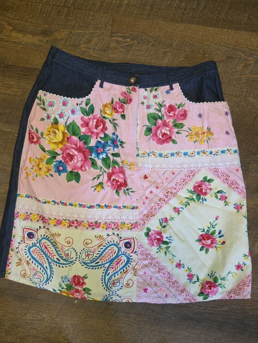 Floral Patchwork Cotton Skirt - Pink